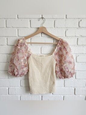 Free People Intimately Sheer Tulle Puff-Sleeve Smocked  Top in Ivory&Blush